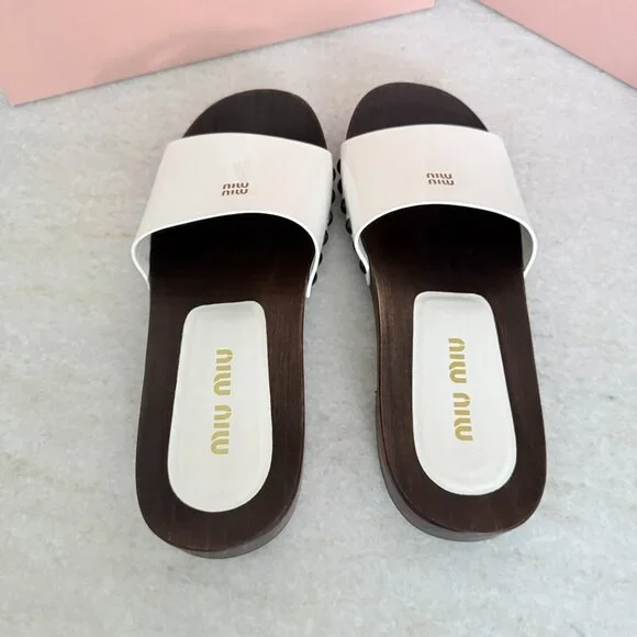 MIU MIU 5Z425E White Patent Leather Wooden Clogs Sandals, sz 38 - Picture 13 of 16